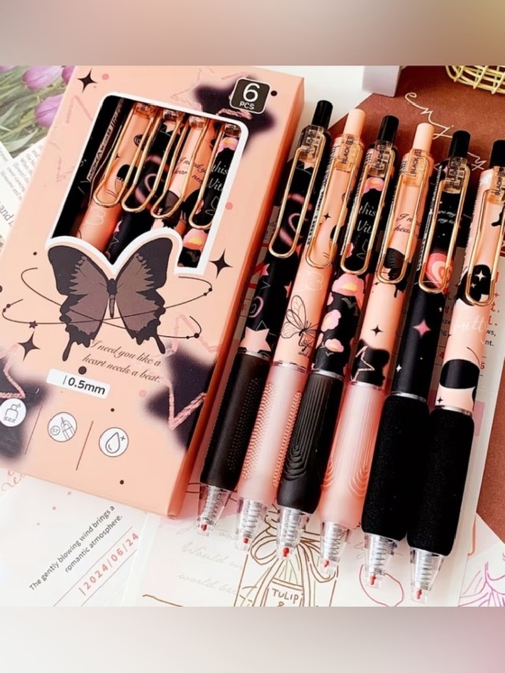 Vintage Butterfly Gel Pen 6 Piece Pen Set